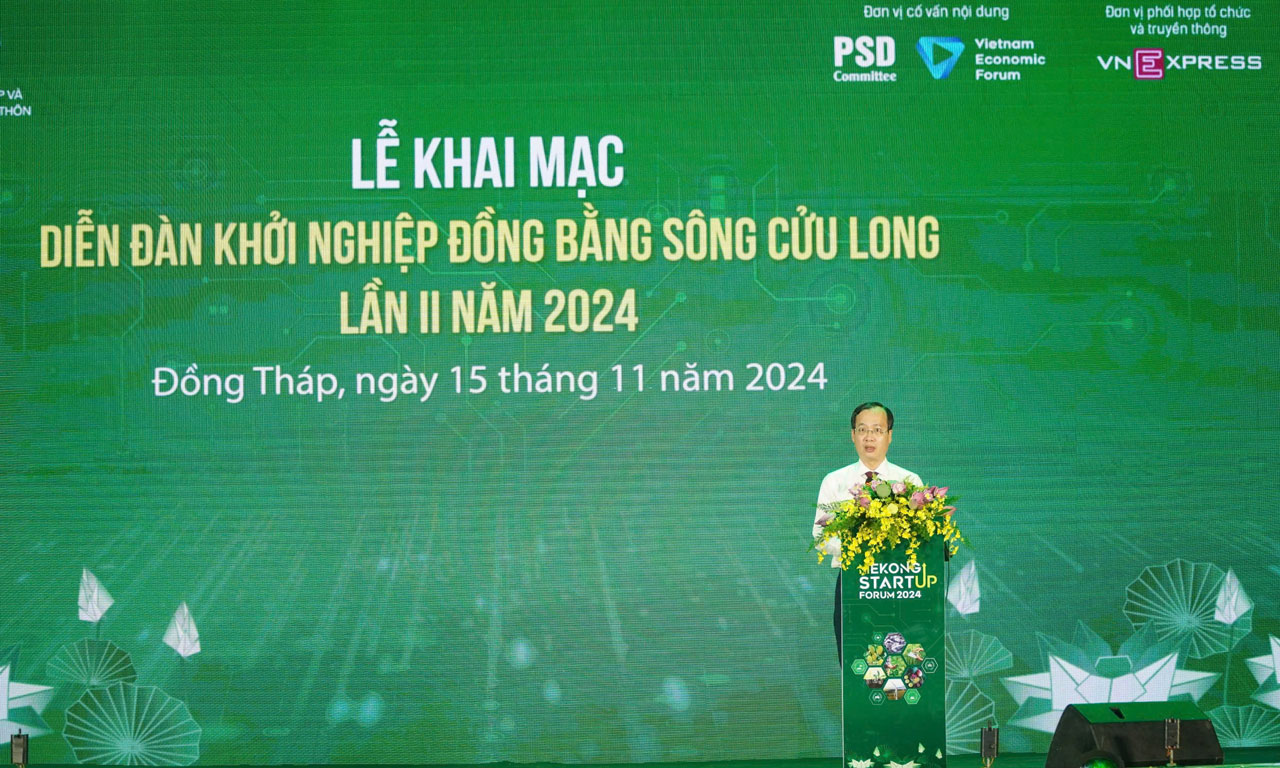 Phó Chủ tịch UBND Tỉnh Trần Trí Quang phát biểu khai mạc Diễn đàn Khởi nghiệp Đồng bằng sông Cửu Long lần II năm 2024